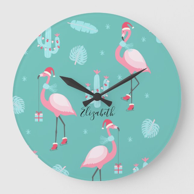  Flamingos Santa Hatt Presenter Snöflingor  Stor Klocka (Framsida)