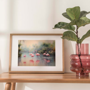 Flamingos Sjölandskap Jungle Watercolor Skriv ut Poster