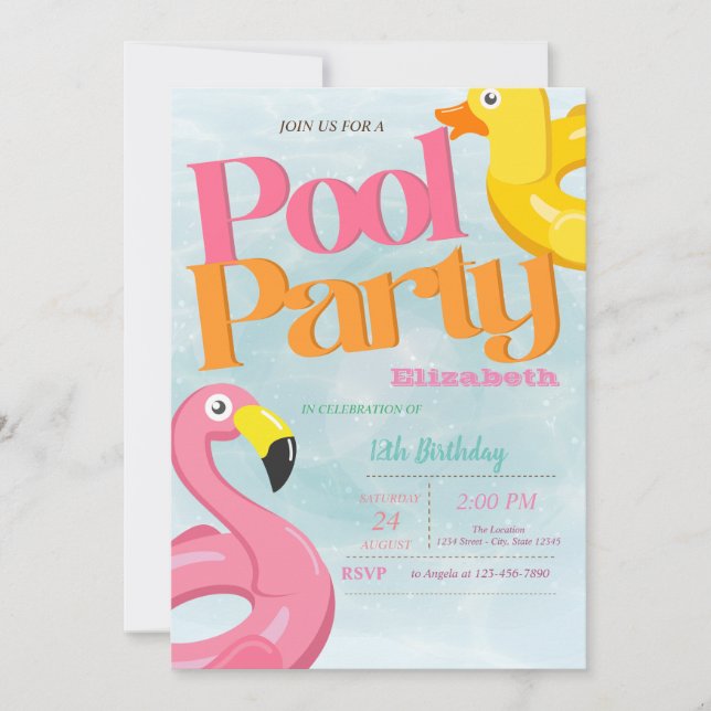 Flamingos sommar födelsedagsfest för pool  inbjudningar (Framsida)