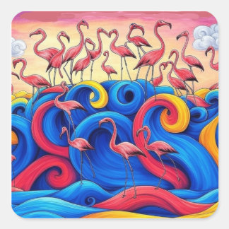 Flamingos till sjöss, dekal 3,8x3,8 cm, ark om 20 fyrkantigt klistermärke