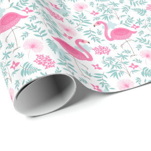 Flamingos & Tropical Flowers Illustration Mönster Presentpapper