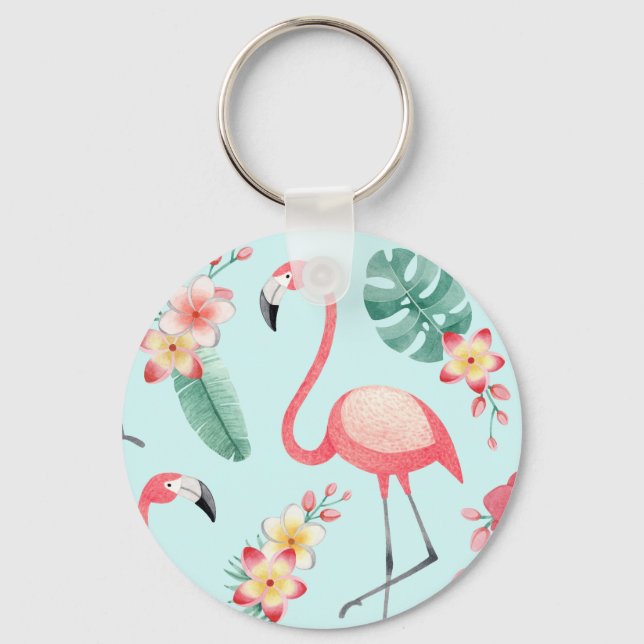 Flamingos Tropical Flowers Watercolor Mönster Nyckelring (Framsida)