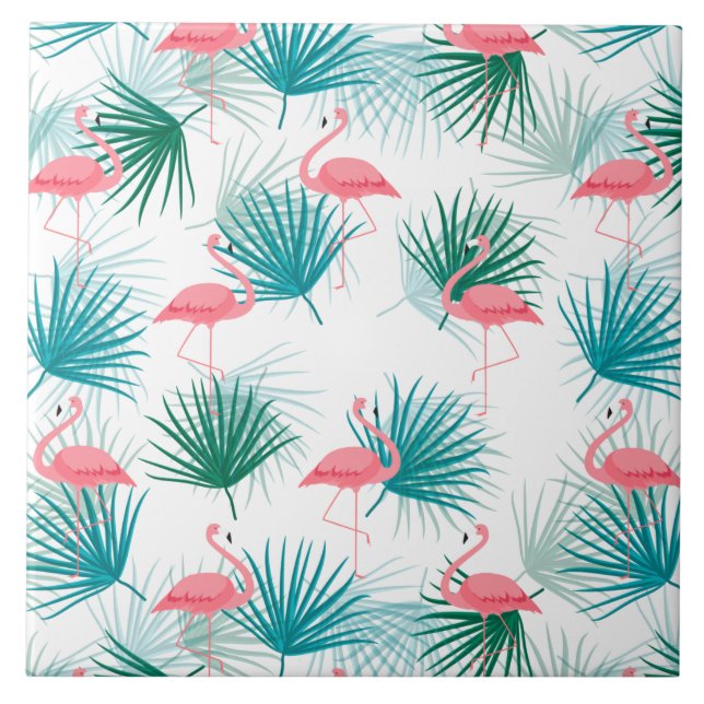 Flamingos Tropical Palmetto Löv Fronds Kakelplatta (Framsidan)