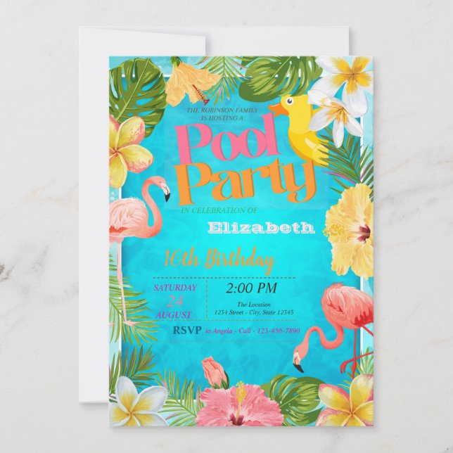 Flamingos Tropiska Blommor Pool Födelsedagsfest Inbjudningar (Framsida)