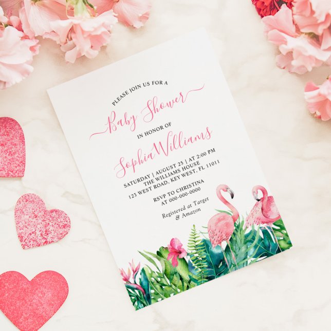 Flamingos Tropiska Rosa Blommor Baby Shower Inbjudningar (Skapare uppladdad)