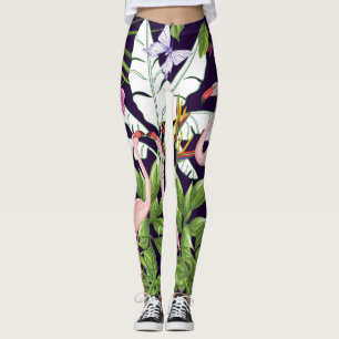 Flamingos, tropiska växter: vintage mönster. leggings