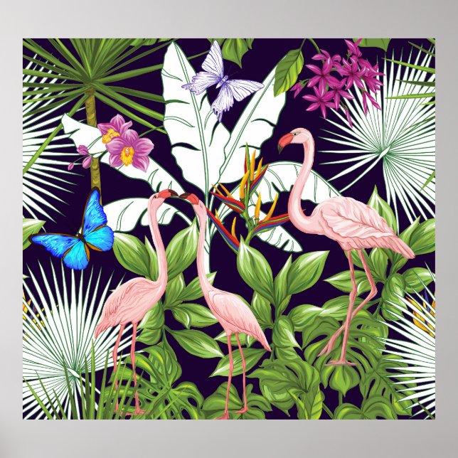 Flamingos, tropiska växter: vintage mönster. poster (Framsidan)