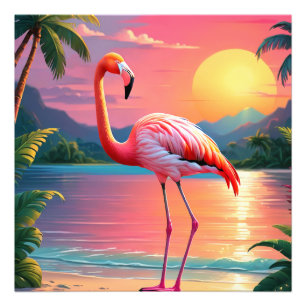 Flamingosolnedgång Tropisk strand  Fototryck