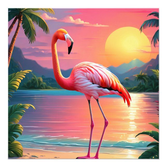 Flamingosolnedgång Tropisk strand  Fototryck (Framsidan)