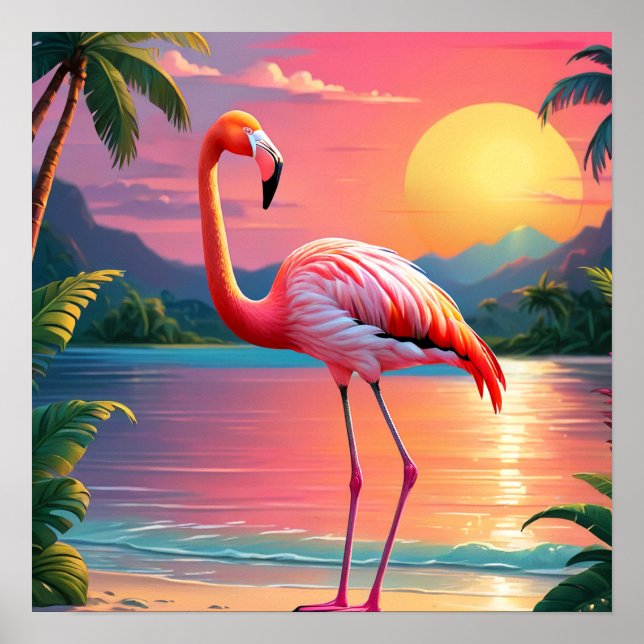 Flamingosolnedgång Tropisk strand  Poster (Framsidan)