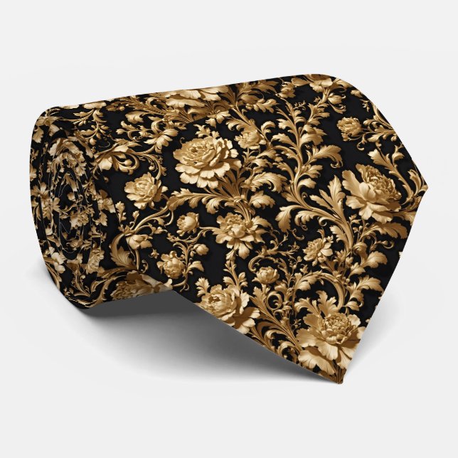 Flamländsk Barock Svart & Guld Blommig Slip Slips (Rullad)