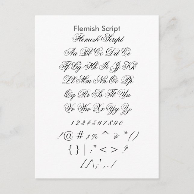 Flamländska skript - Zazzle Font Sampler Lakan Vykort (Framsida)