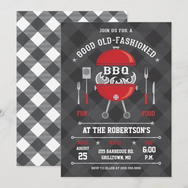 Flamma BBQ grilla inbjudan, svart tavla/Gingham Inbjudningar (Fram/baksida)