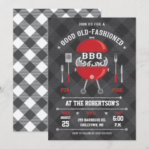 Flamma BBQ grilla inbjudan, svart tavla/Gingham Inbjudningar
