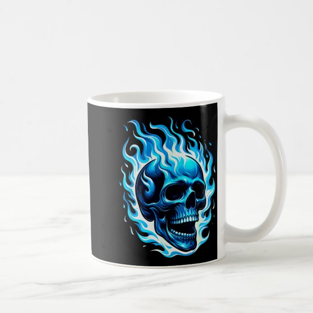 Flammande Blå Skalle Cool Rolig Grafik  Kaffemugg (Höger)