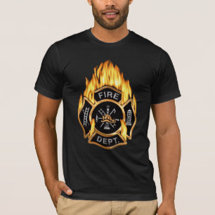 Flammande guld- emblem för brandstation tee shirt