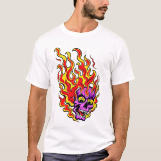 Flammande lila neonskalle grafisk t-shirt