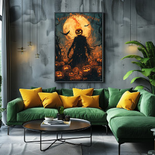 Flammande Pumpa-Hövdad Fågelskrämma Halloween Jack Poster
