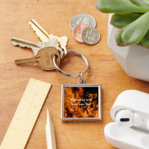 Flammar Keychain Fyrkantig Silverfärgad Nyckelring