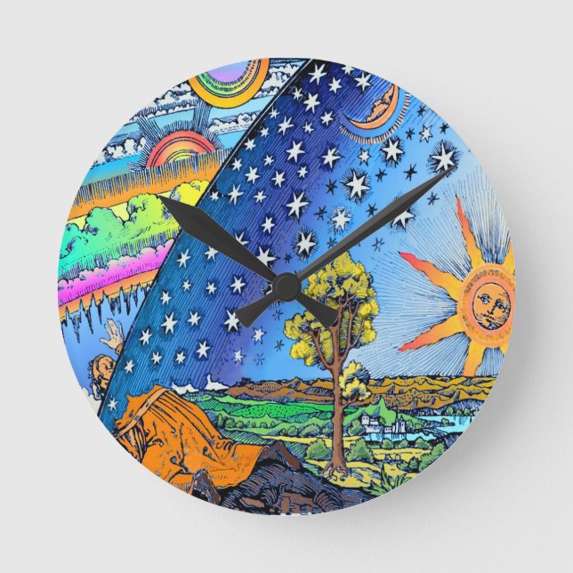 Flammarion Woodcut Flat Earth Design Square FÄRG Rund Klocka (Framsida)