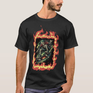 Flammen Skelett Skateboard T Shirt