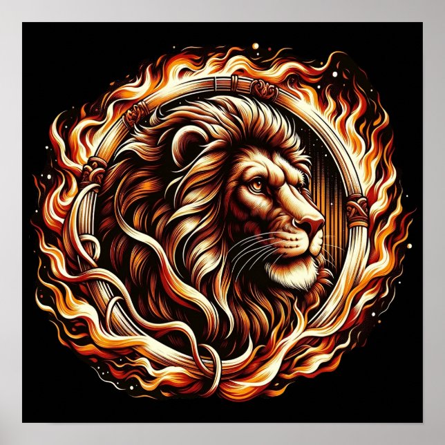 Flamning Lejon i Ring av brandfallsakstrologi Poster (Framsidan)
