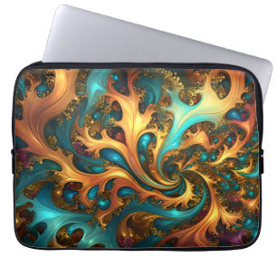 Flamor från Färg: Teal, Guld, Orange Fractal Dance Laptop Fodral
