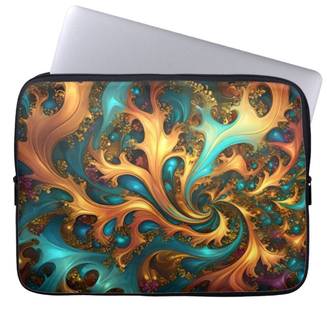 Flamor från Färg: Teal, Guld, Orange Fractal Dance Laptop Fodral (Framsidan)