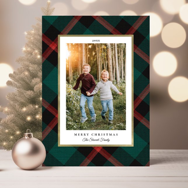 Flamrött och Grönt Play-julfoto Kort (Folded Red and Green Plaid Christmas Photo Card)