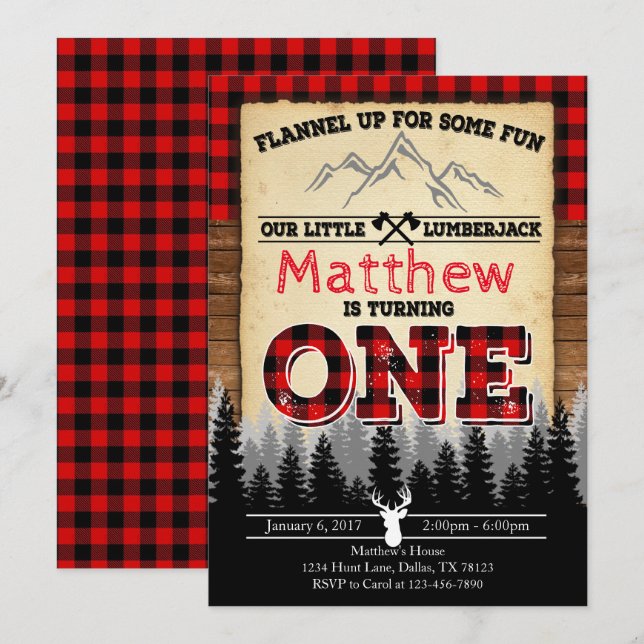 Flanalj Lumberjack Födelsedagsfest inbjudan (Fram/baksida)