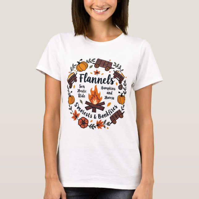 Flanals Fall Shirt, Pumpkins Hayrides Bonfire T Shirt (Framsida)