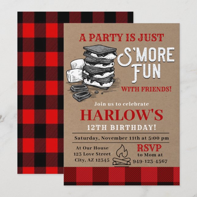 Flanals S'mores Party Buffalo Play Birthday Invit Inbjudningar (Fram/baksida)