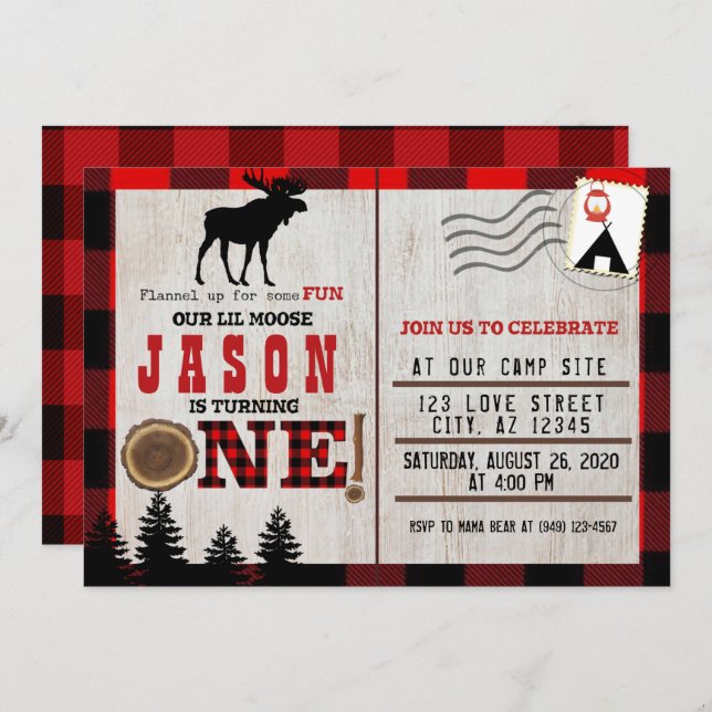 Flanals upp för lite roligt Little Moose 1:a födel Inbjudningar (Fram/baksida)