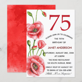 Flanders Poppy Watercolor 75:e Födelsedagsfest Inbjudningar