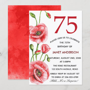 Flanders Poppy Watercolor 75:e Födelsedagsfest Inbjudningar