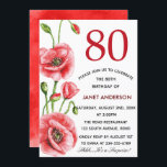 Flanders Poppy Watercolor 80:e Födelsedagsfesten Inbjudningar<br><div class="desc">Flanderns 80-årsinbjudan. Utformning av vattenfärgen Flanderns vallmoblommor och röd vattenfärgsbakgrund på baksidan. Lägg till information om party på framsidan. Om du vill ändra mallen klickar du på anpassa ytterligare.</div>