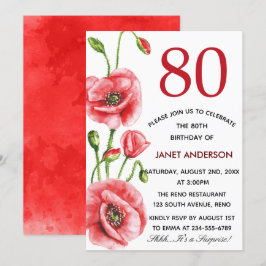 Flanders Poppy Watercolor 80:e Födelsedagsfesten Inbjudningar