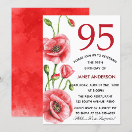 Flanders Poppy Watercolor 95:e Födelsedagsfesten Inbjudningar