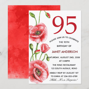 Flanders Poppy Watercolor 95:e Födelsedagsfesten Inbjudningar