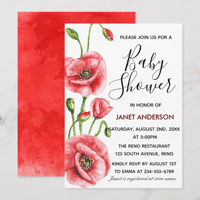 Flanders Poppy Watercolor Baby Shower Inbjudningar (Fram/baksida)