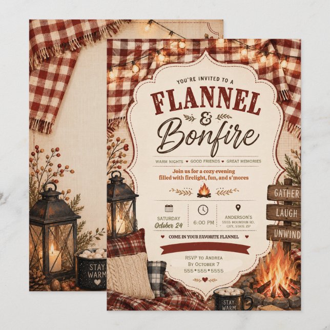 Flanellbål Plaid Höst Höstsamkväm  Inbjudningar (Fram/baksida)