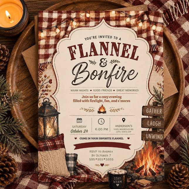 Flanellbål Plaid Höst Höstsamkväm  Inbjudningar (Flannel & Bonfire invitation)