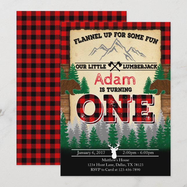 FlanellLumberjackfödelsedagsfest inbjudan (Fram/baksida)