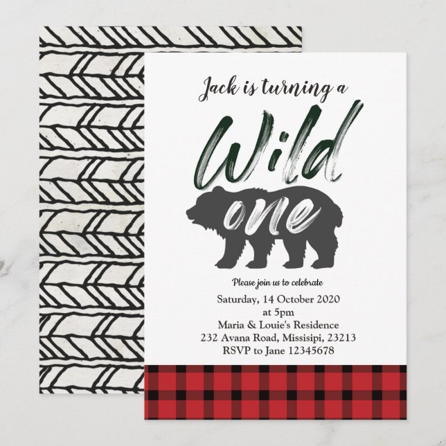 Flanellvild ett första födelsedaginbjudankort inbjudningar (Fram/baksida)