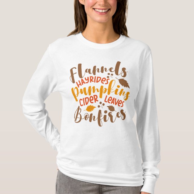 Flannels Hay Rides Pumpkins Cider Löv Bonfire T Shirt (Framsida)