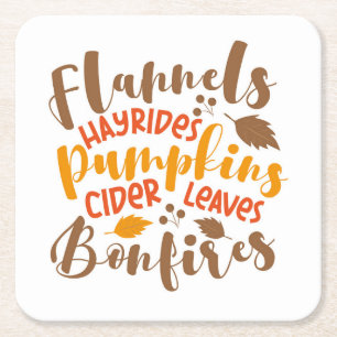 Flannels Hay Rides Pumpkins Cider Löv Bonfire Underlägg Papper Kvadrat