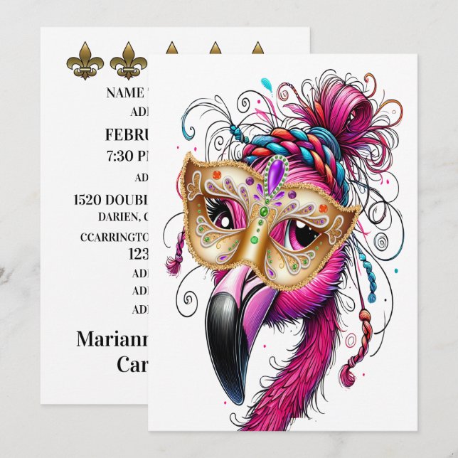 Flanty Flamingo Mardi Gras Inbjudningar (Fram/baksida)