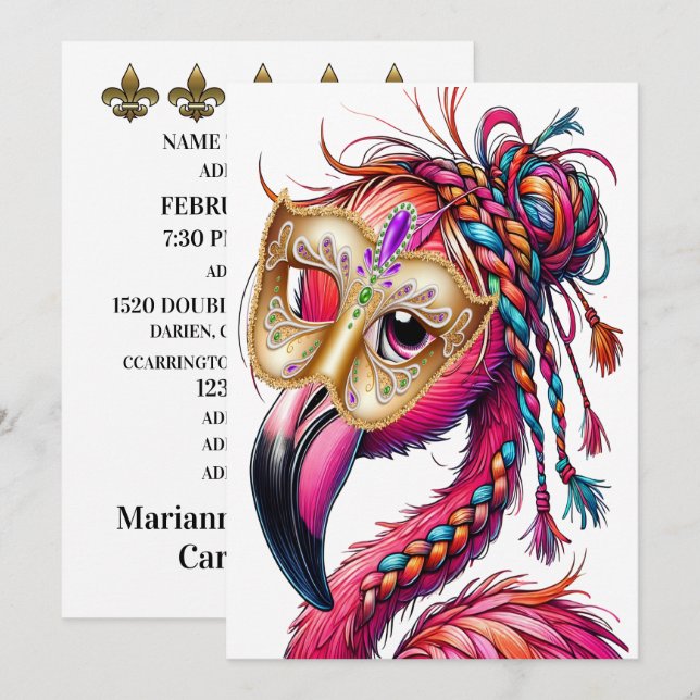 Flanty Flamingo Mardi Gras Inbjudningar (Fram/baksida)