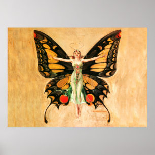 Flapper Butterfly Flies Woman Illustration Poster