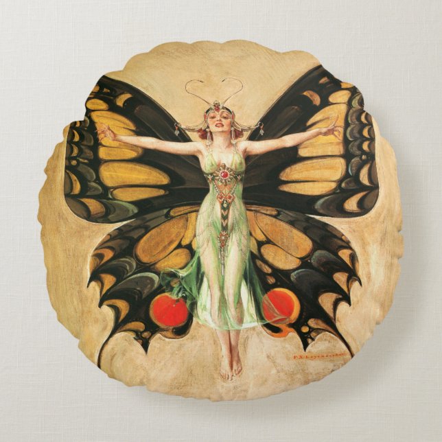 Flapper Butterfly Flies Woman Illustration Rund Kudde (Framsidan)